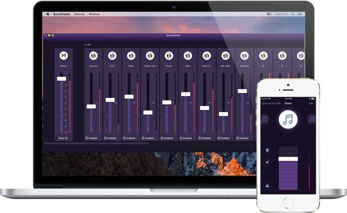 MacBook running SoundCaster and an iPhone running Performer